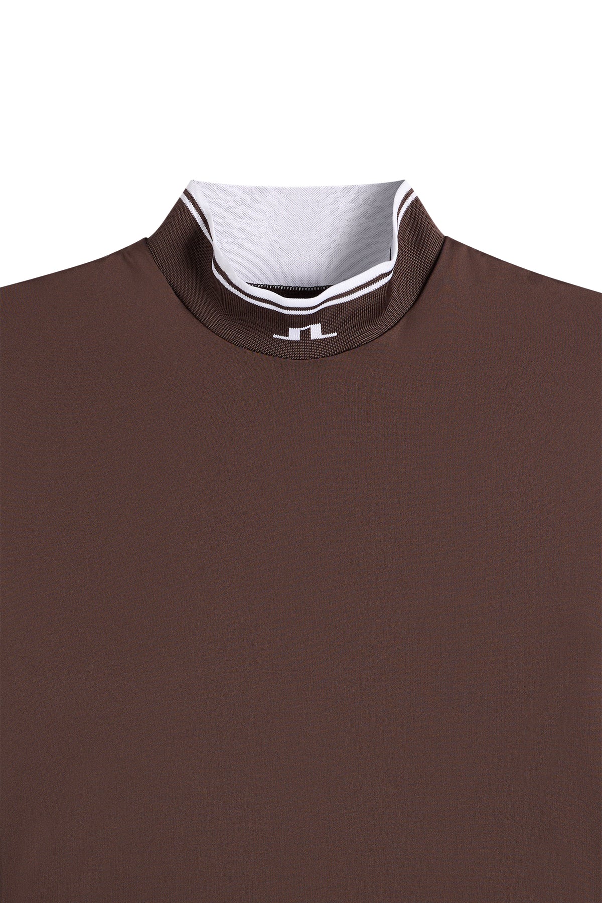 Close-up of the ribbed high collar with Bridge logo tipping on the Louisa Compression Top in Seal Brown.