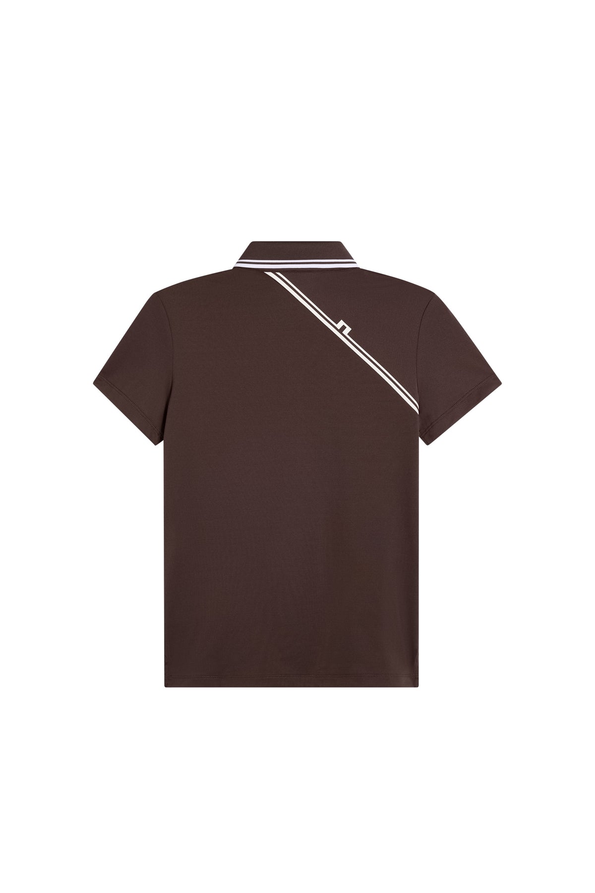 Hayley Polo in Seal Brown, back view with diagonal stripe detail and Bridge logo across the shoulder.