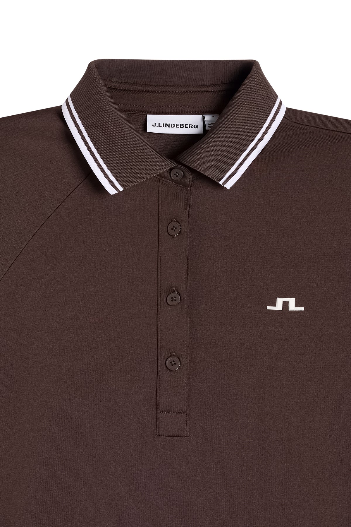 Close-up of the Hayley Polo in Seal Brown with striped ribbed collar, button placket, and Bridge logo.