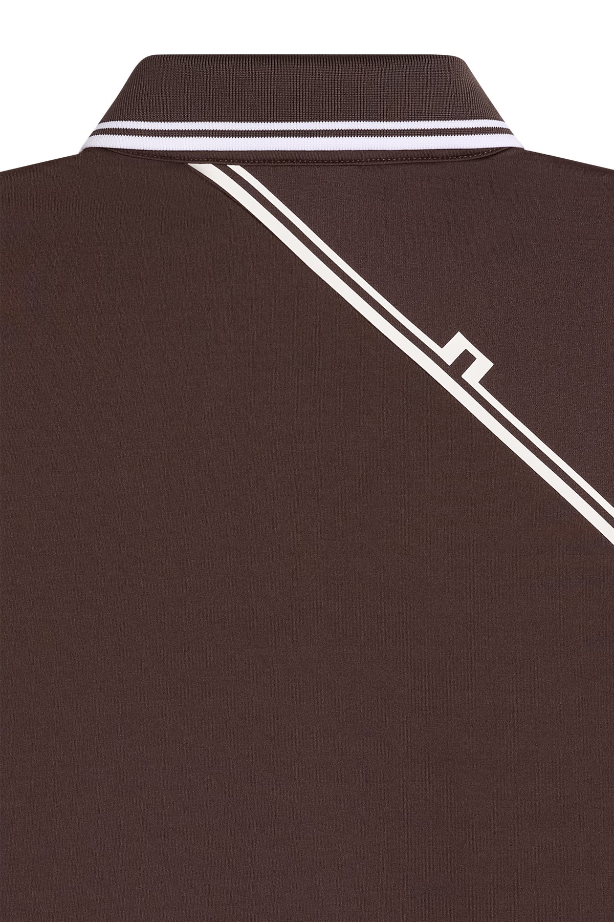 Close-up back view of the Hayley Polo in Seal Brown, showing the tipped collar and diagonal Bridge stripe.