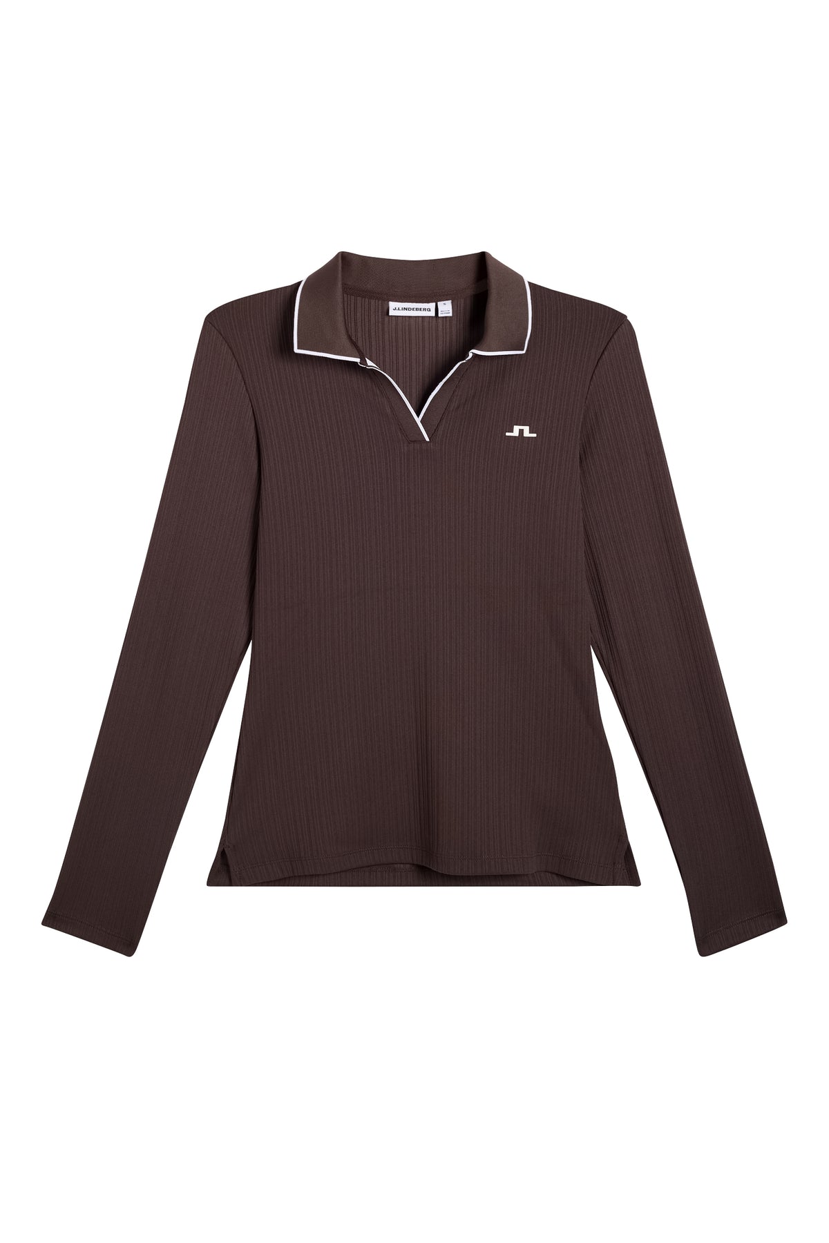 Front view: Darcy LS Polo in Seal Brown with a V-neck collar, contrast tipping, and Bridge logo on the chest.