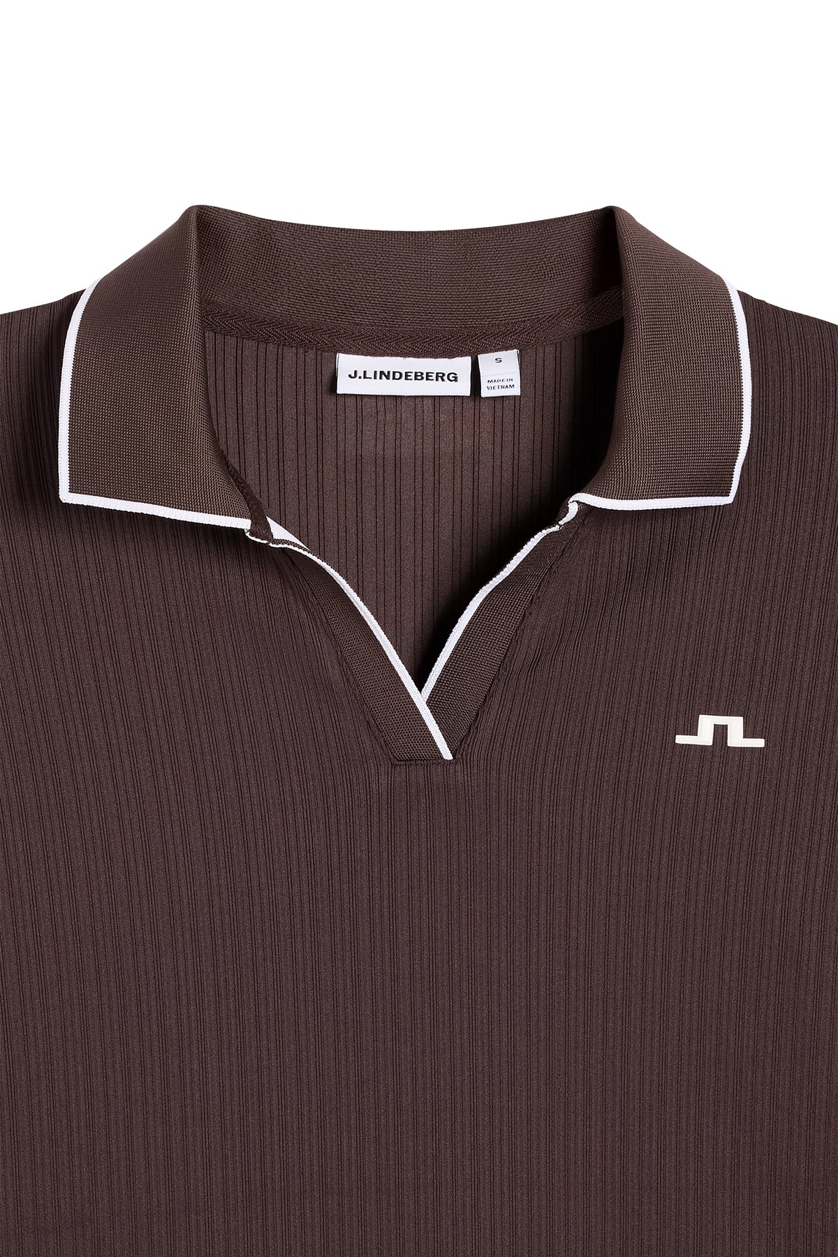 Close-up of the Darcy LS Polo in Seal Brown, showing the ribbed texture, tipped V-neck, and Bridge logo.