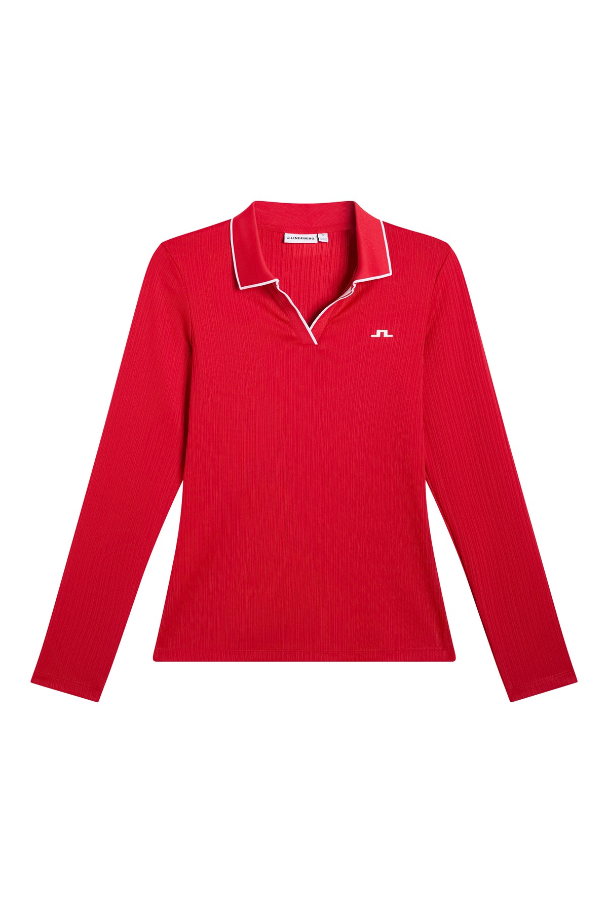 Darcy LS Polo in Barbados Cherry, front view with ribbed finish, V-neck, contrast tipping, and Bridge logo.