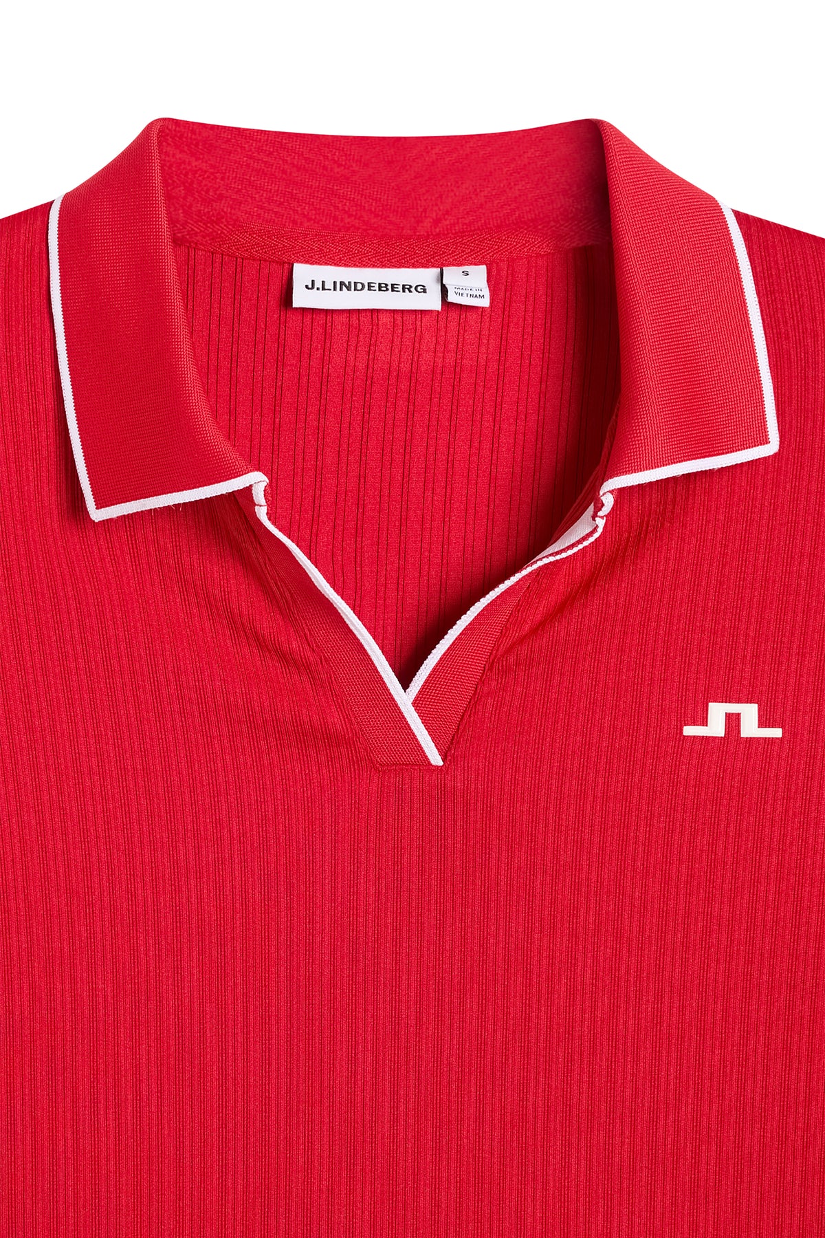 Close-up of the Darcy LS Polo in red, showing the tipped V-neck collar and Bridge logo.