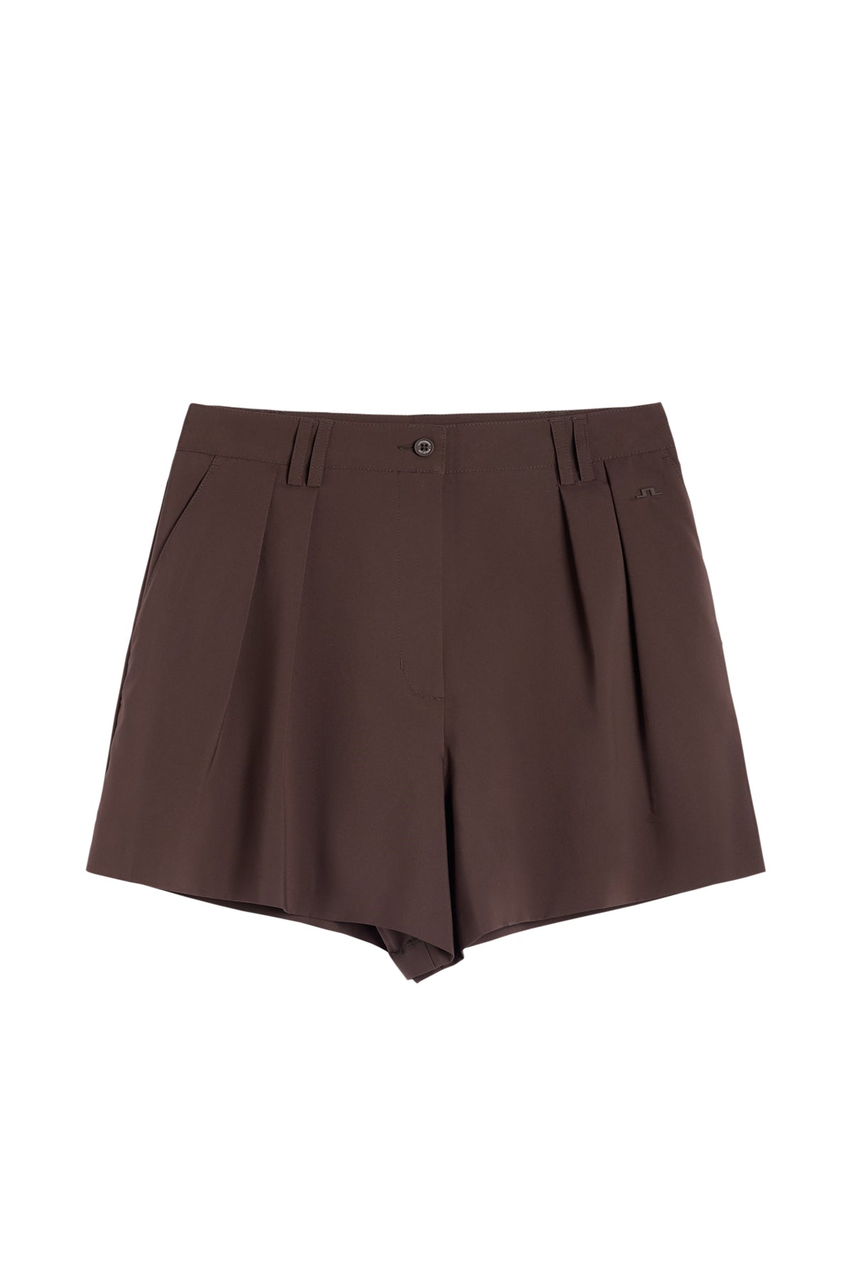 Carmen Shorts in Seal Brown, front view with front pleats, belt loops, and button closure.