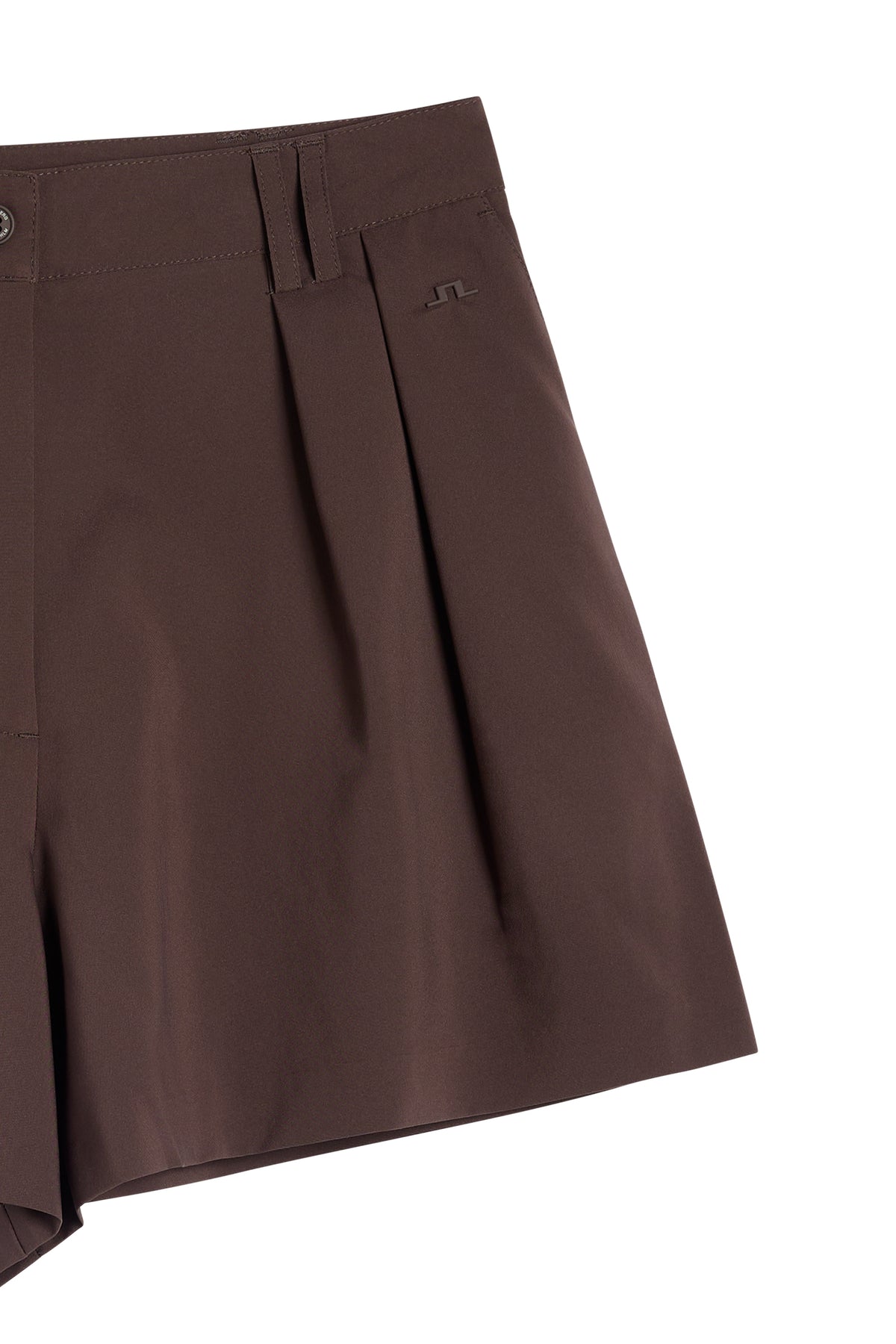 Close-up of Carmen Shorts in Seal Brown showing front pleats, belt loops, and Bridge rivet.