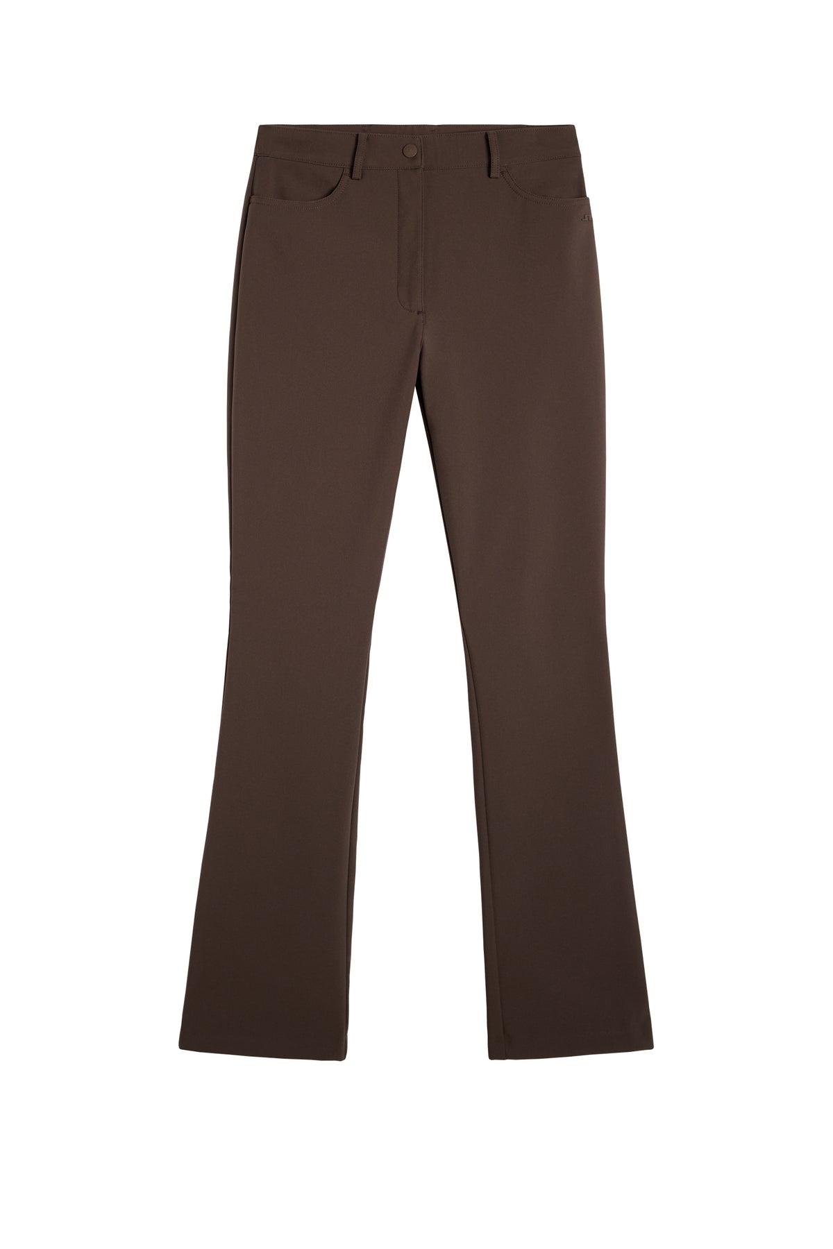 Mia Bonded Pant in Seal Brown, front view showing the high waistband, front pockets, and flared leg.