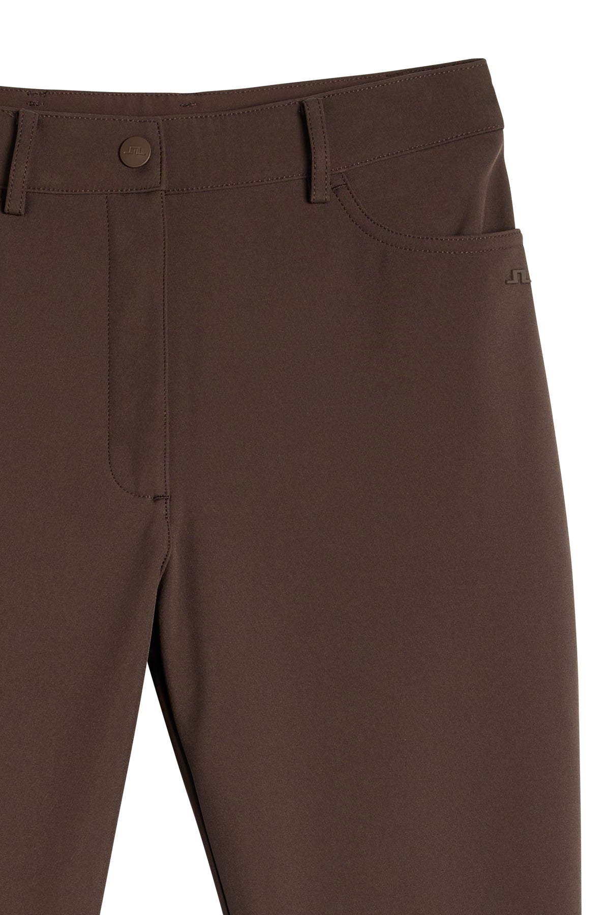 Close-up of the waistband, pocket, and tonal Bridge logo on the Mia Bonded Pant in Seal Brown.