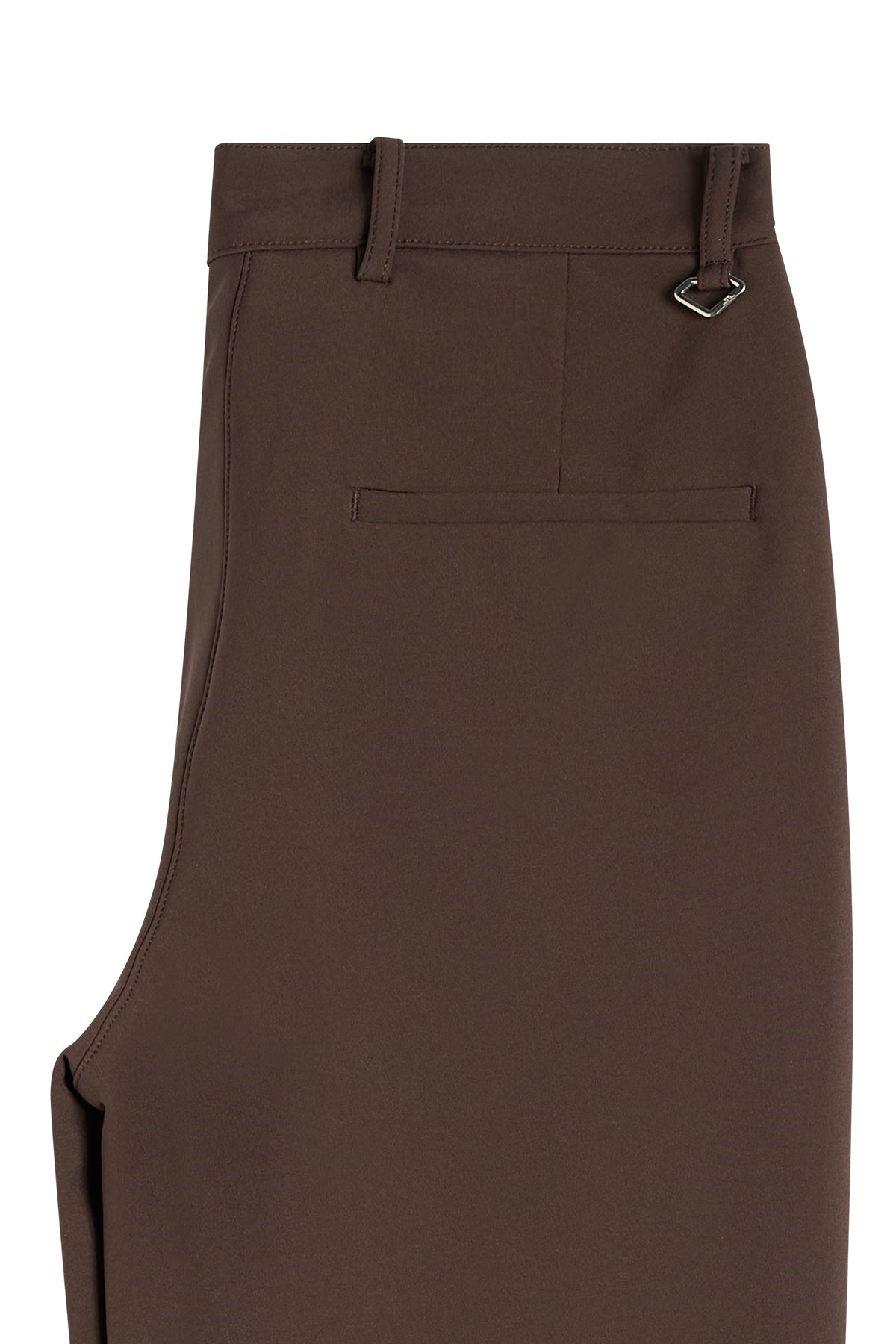 Close-up of the Mia Bonded Pant in Seal Brown showing the waistband, back welt pocket, and D-ring.