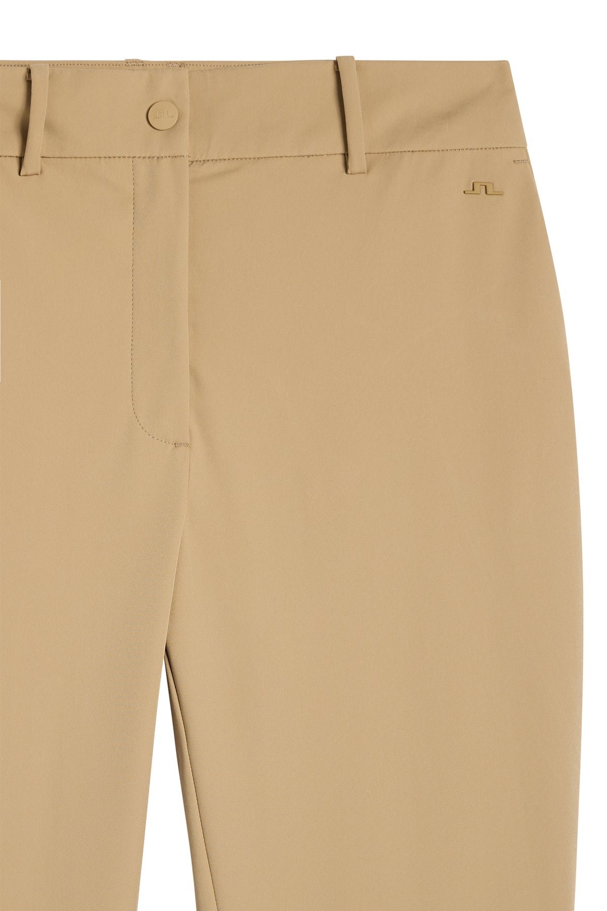 Close-up of the waistband, belt loops, and Bridge logo on the Pinja Nylon Pant in Kelp.