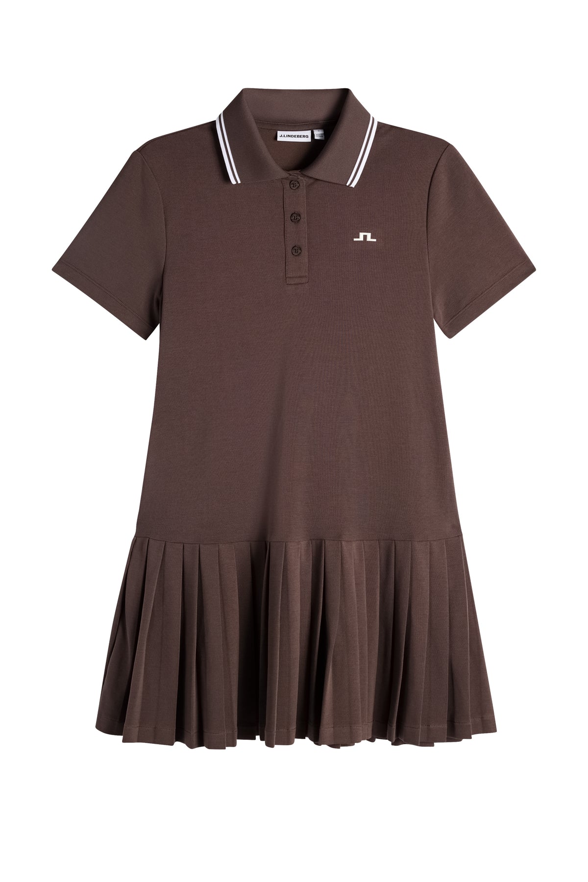 Lacey Dress in Seal Brown, front view with polo collar, three-button placket, pleated skirt, and Bridge logo.