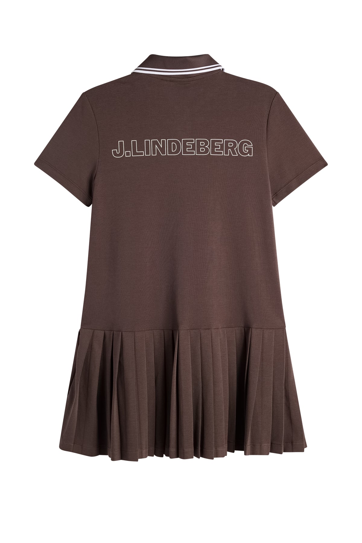Lacey Dress in Seal Brown, back view with a tipped polo collar, pleated skirt, and J.LINDEBERG back logo.